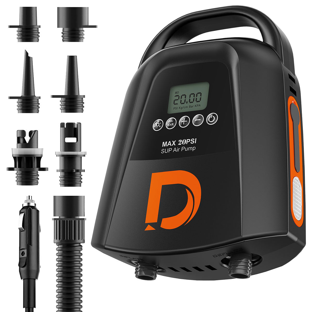 Dskeuzeew 20PSI Electric SUP Air Pump with 9000mAh Rechargeable Battery, Dual Stage  Auto-Off with LCD& 12V DC Car Connector for Inflatable Paddle Boards, Boats