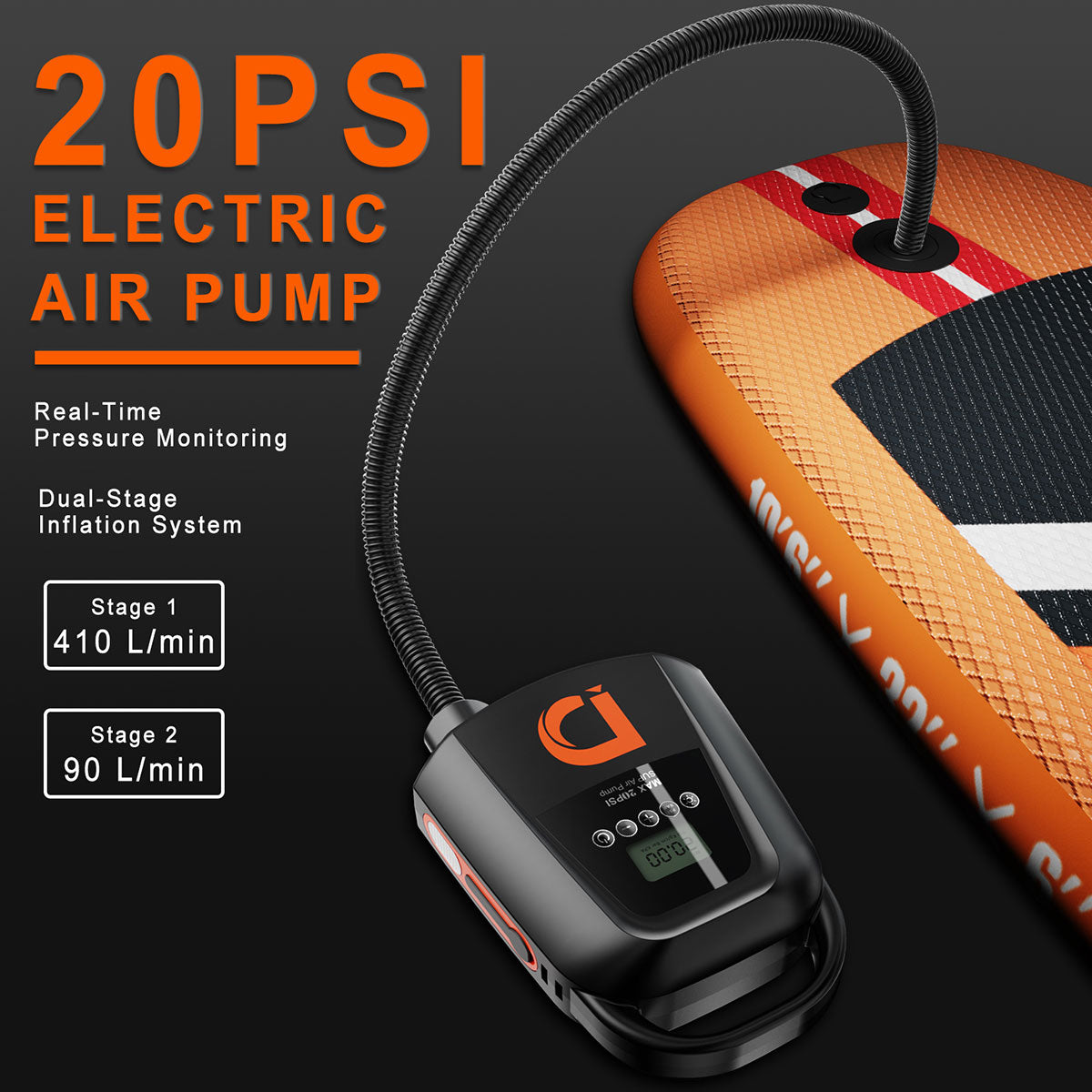 Dskeuzeew 20PSI Electric SUP Air Pump with 9000mAh Rechargeable Battery, Dual Stage  Auto-Off with LCD& 12V DC Car Connector for Inflatable Paddle Boards, Boats